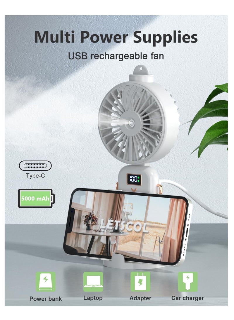 SYOSI Handheld Misting Fan with Water Spray, Foldable Mini Fan, 5000mAh Battery, USB Rechargeable, 5 Adjustable Speeds, Ideal for Home and Travel, White - Image 3