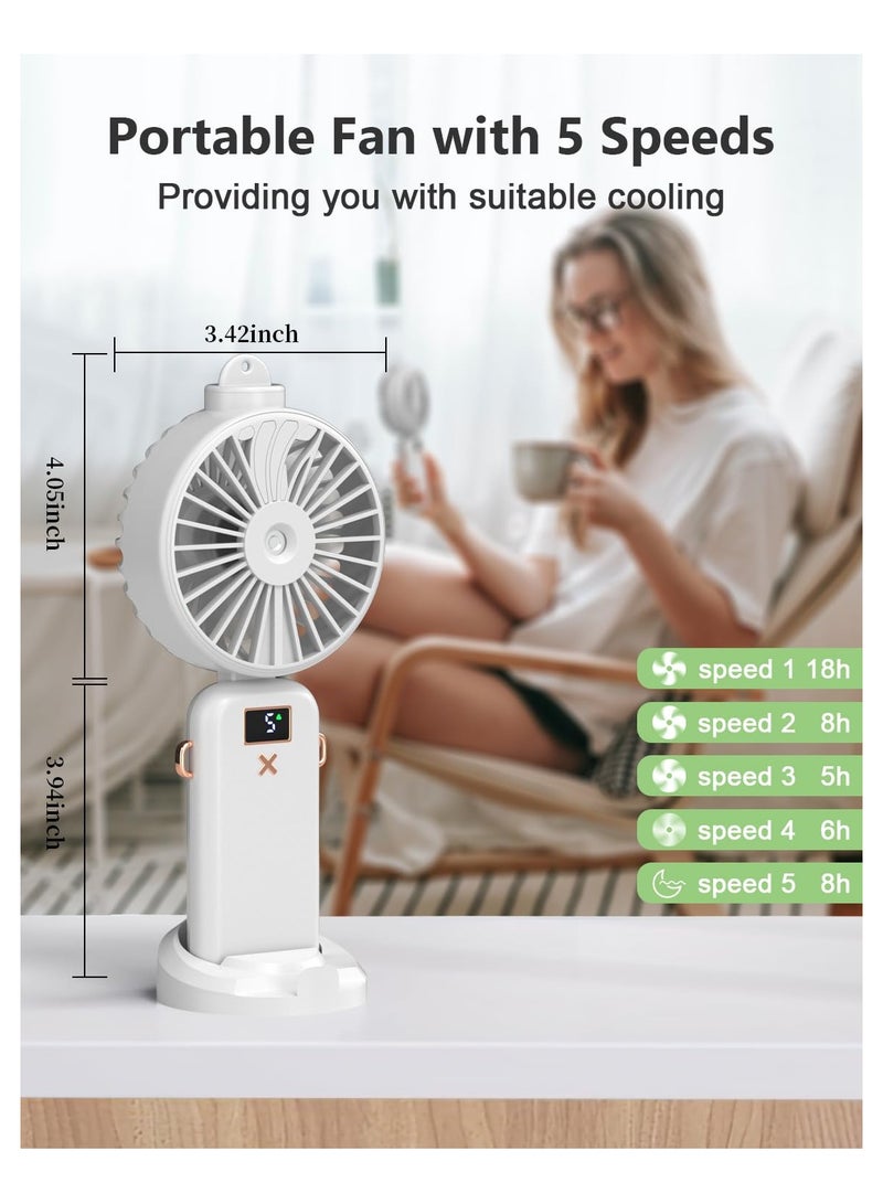 SYOSI Handheld Misting Fan with Water Spray, Foldable Mini Fan, 5000mAh Battery, USB Rechargeable, 5 Adjustable Speeds, Ideal for Home and Travel, White - Image 5
