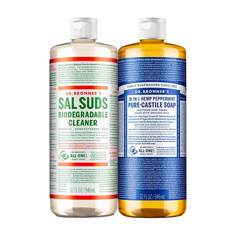 Dr Bronners  Variety Pack PureCastile Liquid Soap Peppermint 32 oz  Sal Suds Biodegradable Cleaner 32 oz  Organic NonGMO Vegan CrueltyFree  2 Count