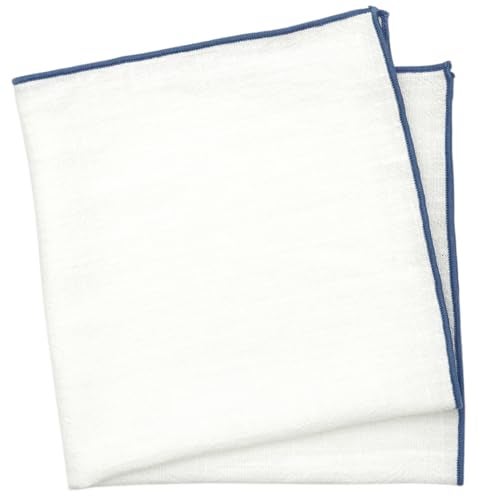 BELLUNO White Pocket Square with Embroidered Slate Blue Edge - Image 1