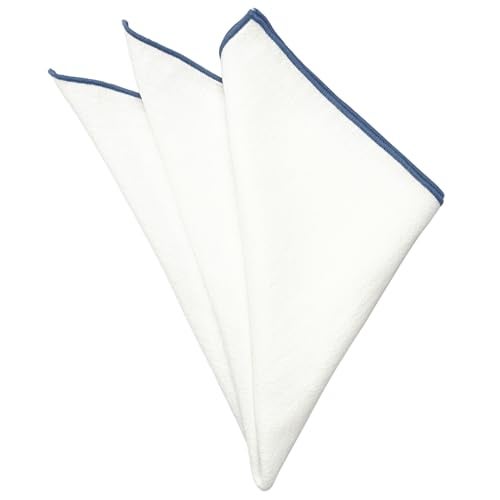 BELLUNO White Pocket Square with Embroidered Slate Blue Edge - Image 3