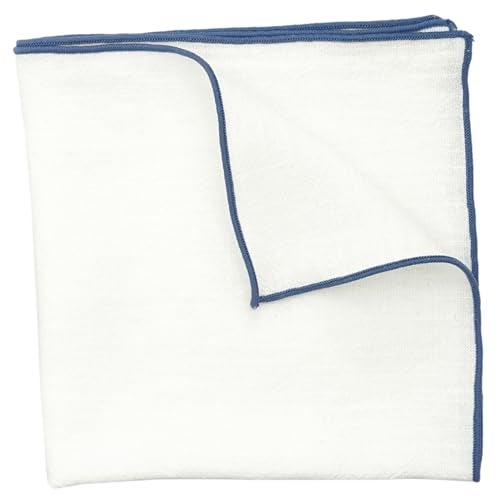 BELLUNO White Pocket Square with Embroidered Slate Blue Edge - Image 2