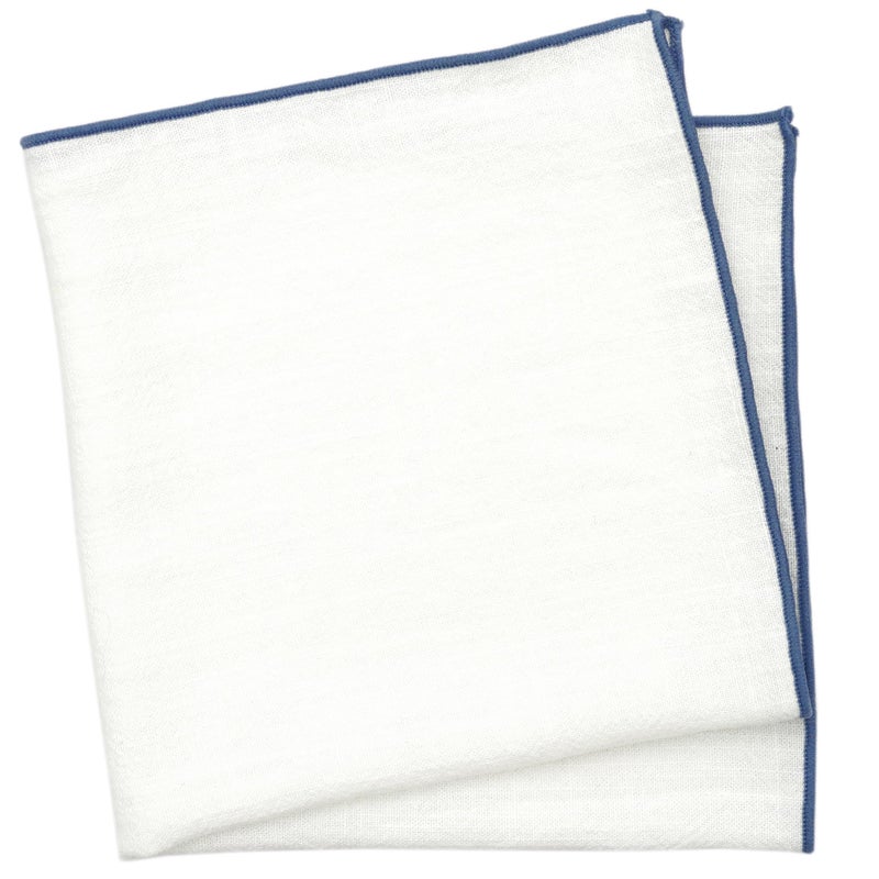 BELLUNO White Pocket Square with Embroidered Slate Blue Edge - Image 4