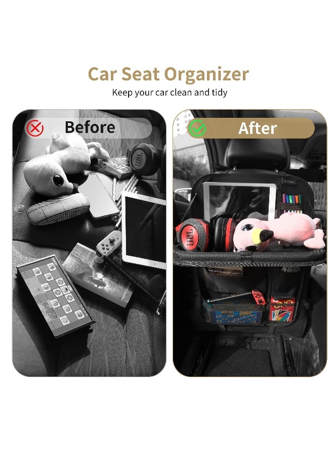 Car Backseat Organizer with Tablet Holder-2 Pack,6 Storage Pockets Car Storage Organizer with Foldable Food Tray, Car Seat Back Protectors Kick Mats Travel Accessories-Black - Image 2