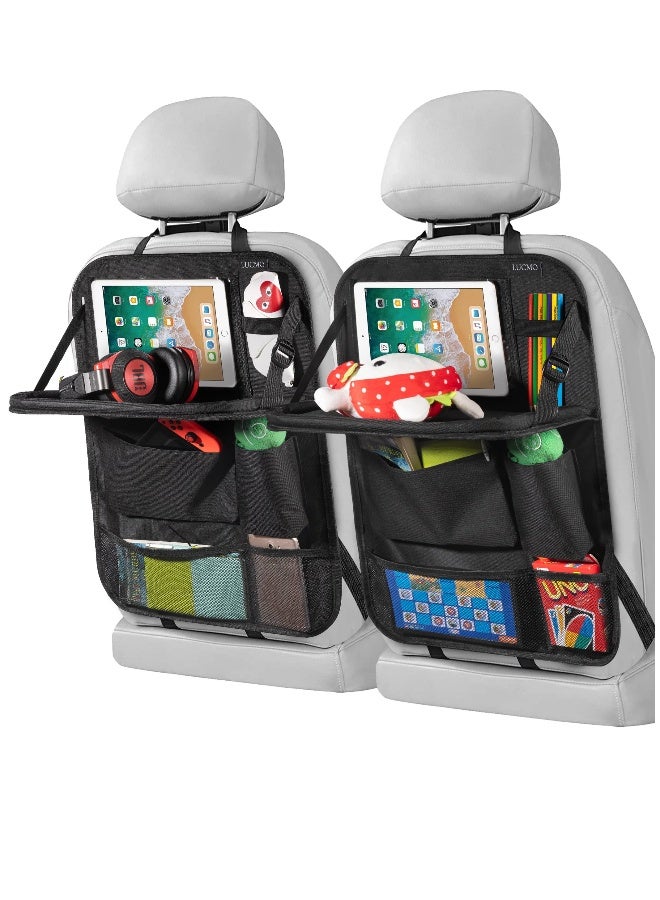 Car Backseat Organizer with Tablet Holder-2 Pack,6 Storage Pockets Car Storage Organizer with Foldable Food Tray, Car Seat Back Protectors Kick Mats Travel Accessories-Black - Image 1