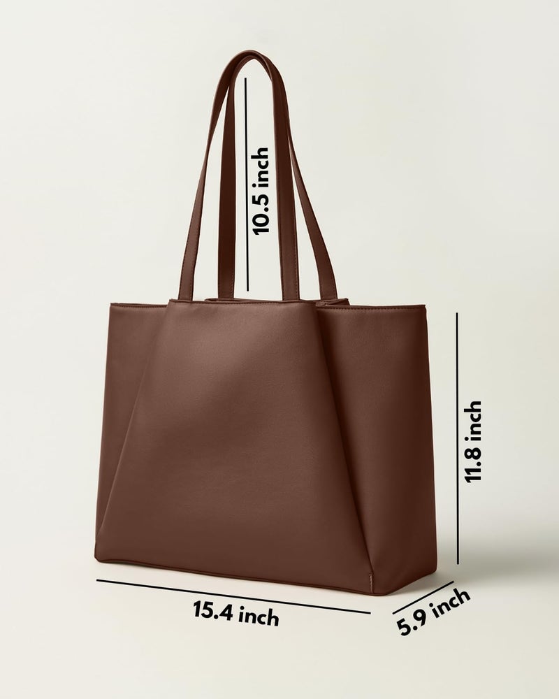 Apryl Work Tote Bags for Women 15.6 Inch - Laptop Tote Bag with Zip Compartments - Large PU Leather Office Purse Computer Briefcase - Chocolate Brown - Image 5