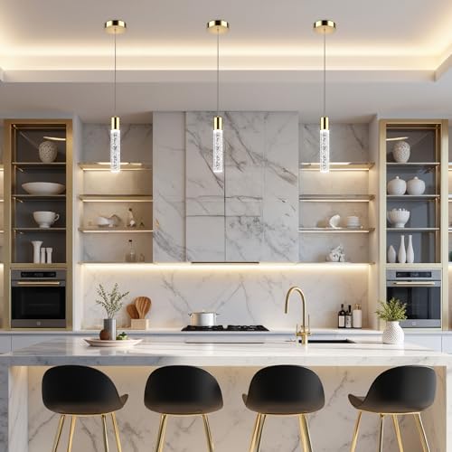Esfos Pendant Lights Kitchen Island, 6500K Modern Kitchen Island Lights Brushed Gold, 3 Pack Ceiling Lighting Fixtures with Crystal Bubble, Integrated LED Hanging Light for Dining Room Restaurant - Image 5