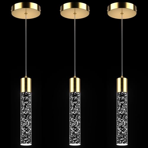 Esfos Pendant Lights Kitchen Island, 6500K Modern Kitchen Island Lights Brushed Gold, 3 Pack Ceiling Lighting Fixtures with Crystal Bubble, Integrated LED Hanging Light for Dining Room Restaurant - Image 1