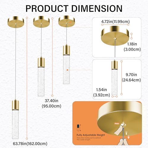 Esfos Pendant Lights Kitchen Island, 6500K Modern Kitchen Island Lights Brushed Gold, 3 Pack Ceiling Lighting Fixtures with Crystal Bubble, Integrated LED Hanging Light for Dining Room Restaurant - Image 4