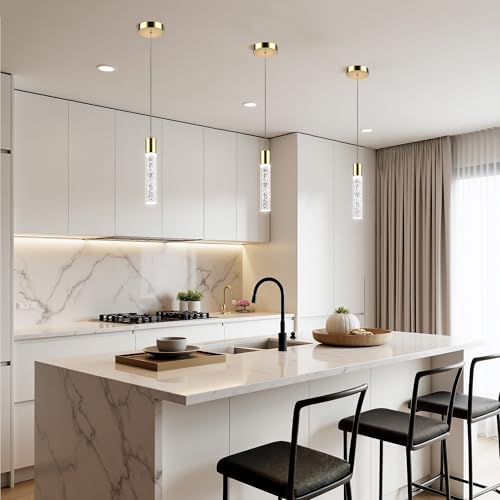 Esfos Pendant Lights Kitchen Island, 6500K Modern Kitchen Island Lights Brushed Gold, 3 Pack Ceiling Lighting Fixtures with Crystal Bubble, Integrated LED Hanging Light for Dining Room Restaurant - Image 2