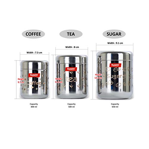 Sumeet Stainless steel Laser printed Tea; Cofee; Sugar Canisters Set of 3 (Capacity - Coffee - 300 ml; Tea 500 ml; Sugar 650ml), Silver - Image 4