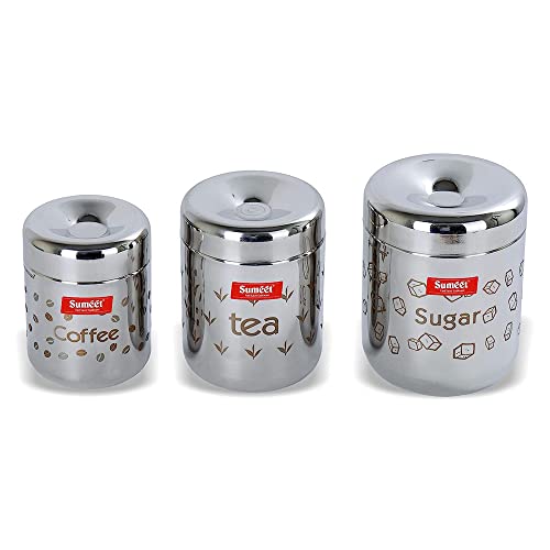 Sumeet Stainless steel Laser printed Tea; Cofee; Sugar Canisters Set of 3 (Capacity - Coffee - 300 ml; Tea 500 ml; Sugar 650ml), Silver - Image 1