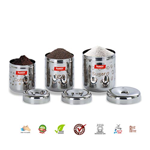 Sumeet Stainless steel Laser printed Tea; Cofee; Sugar Canisters Set of 3 (Capacity - Coffee - 300 ml; Tea 500 ml; Sugar 650ml), Silver - Image 2
