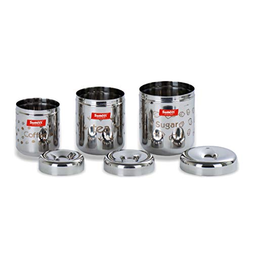 Sumeet Stainless steel Laser printed Tea; Cofee; Sugar Canisters Set of 3 (Capacity - Coffee - 300 ml; Tea 500 ml; Sugar 650ml), Silver - Image 5
