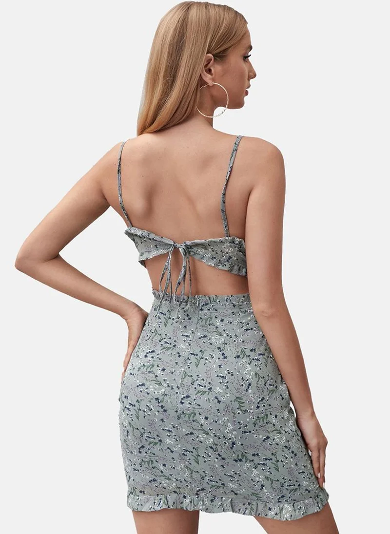 يونيكي Grey Tie-up Floral Print Bodycon Dress