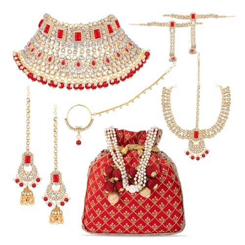 Peora Combo of Jodha Akbar Style Bridal Set with Red Potli Bag Gift For Women - Image 1