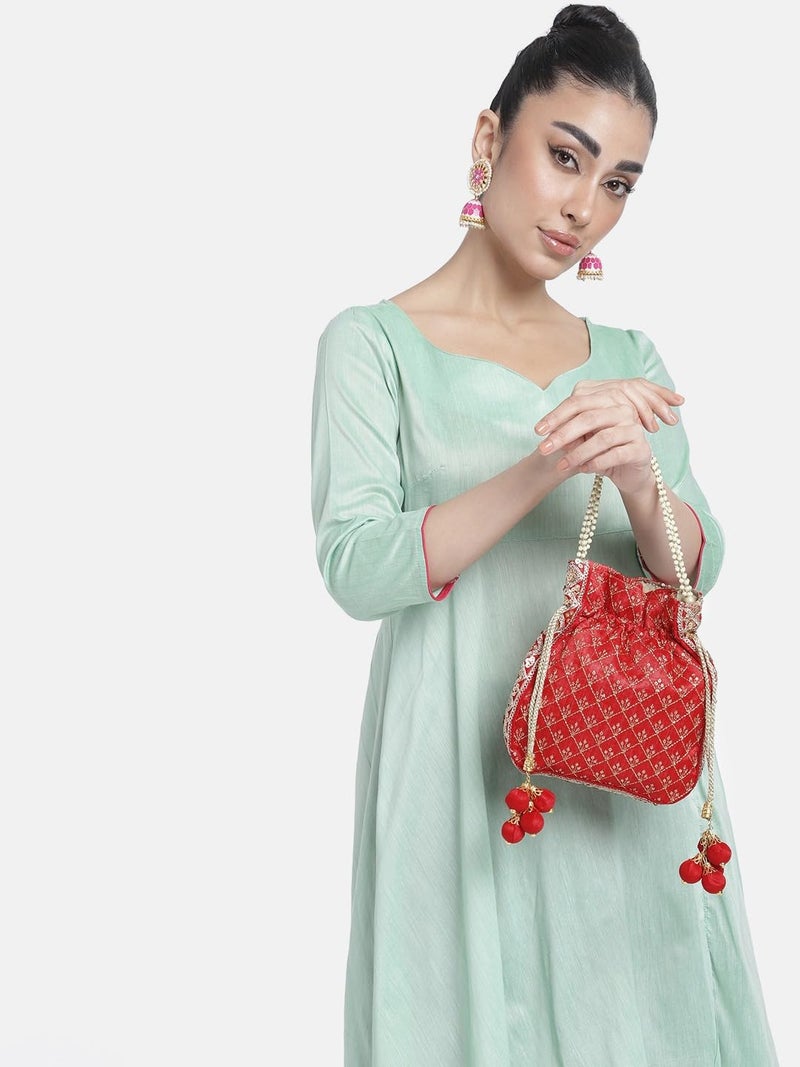 Peora Combo of Jodha Akbar Style Bridal Set with Red Potli Bag Gift For Women - Image 3