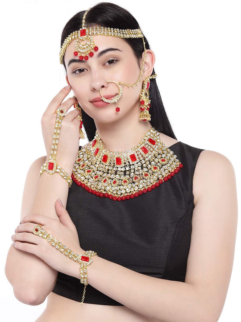 Peora Combo of Jodha Akbar Style Bridal Set with Red Potli Bag Gift For Women - Image 2