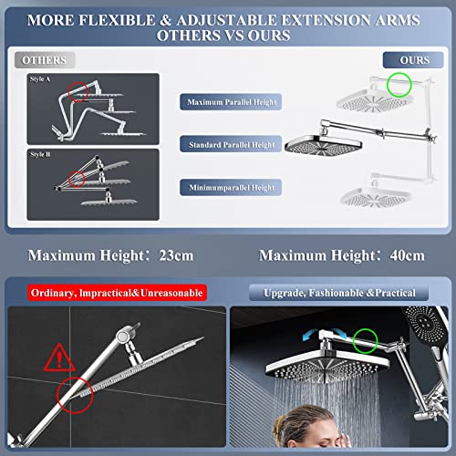 Jcrob 12 Inch Rain Shower Head with Handheld Spray Combo and Extention Arm, High Pressure Rainfall Waterfall Shower Heads, Dual Showerhead with 3-Way Diverter - Height/Angle Adjustable(Chrome) - Image 4