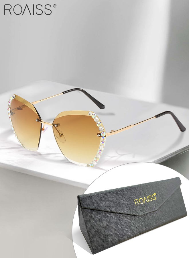 رويس نظارة شمسية على شكل فراشة بدون إطار للنساء، نظارة الشمس الواقية من الأشعة فوق البنفسجية 400 مزينة بأحجار الراين، ظلال شمسية عصرية كبيرة الحجم مضادة للوهج مع حافظة النظارة، 60 مم - Image 1