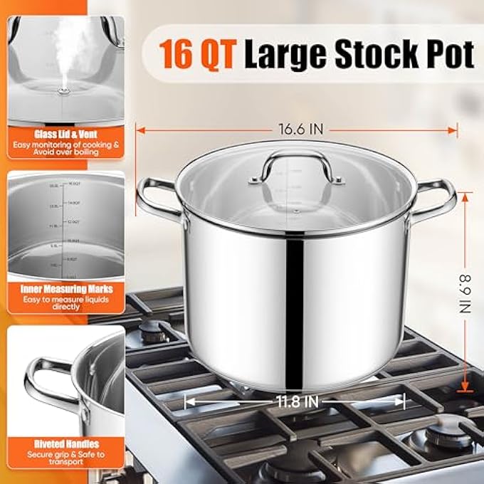 E-far 16 Quart Stainless Steel Stock Pot Large Heavy Duty Induction Stockpot With Glass Lid For Cooking Soup Canning Thick TriPly Bottom For All Stoves Riveted Handles  Dishwasher Safe - Image 3