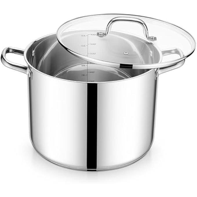 E-far 16 Quart Stainless Steel Stock Pot Large Heavy Duty Induction Stockpot With Glass Lid For Cooking Soup Canning Thick TriPly Bottom For All Stoves Riveted Handles  Dishwasher Safe - Image 1