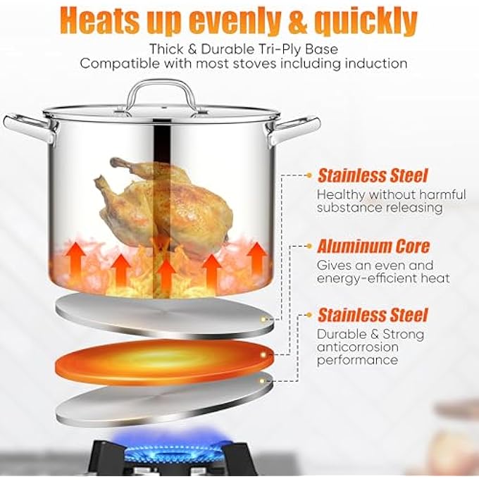 E-far 16 Quart Stainless Steel Stock Pot Large Heavy Duty Induction Stockpot With Glass Lid For Cooking Soup Canning Thick TriPly Bottom For All Stoves Riveted Handles  Dishwasher Safe - Image 4
