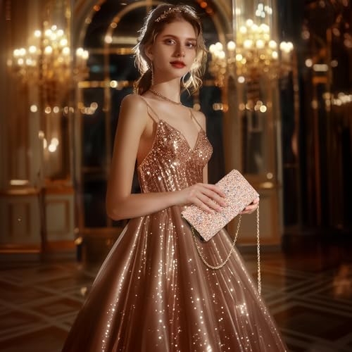 Larcenciel Women's Evening Handbags, Bling Rhinestone Purse w/Chain, Stunning Rose Gold Envelope Clutch Bag, Formal Shoulder Crossbody Bag for Prom, Bachelor Party, Wedding Cocktail Date,7.9x3.9x1.8in - Image 2