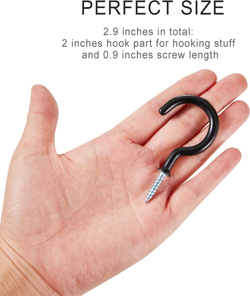 Fipoque 2 Inch Ceiling Hooks, Vinyl Coated Screw-in Cup Hook for Hanging Plants, Lights, Mugs - Heavy Duty Indoor Outdoor Use, Metal Wall Kitchen Hanger, Black (12 Pack) - Image 2