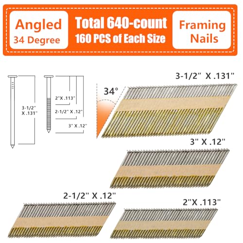 SITLDY 34-30 Degree Framing Nails 4 Sizes (2"+2-1/2"+3.0" Ring+3-1/2" Smooth), D Head Hot Dipped Galvanized Paper Tape Strip Nails, 160 PCS per Size, 640 Count, for 30 to 34 Degree Framing Nailer - Image 2