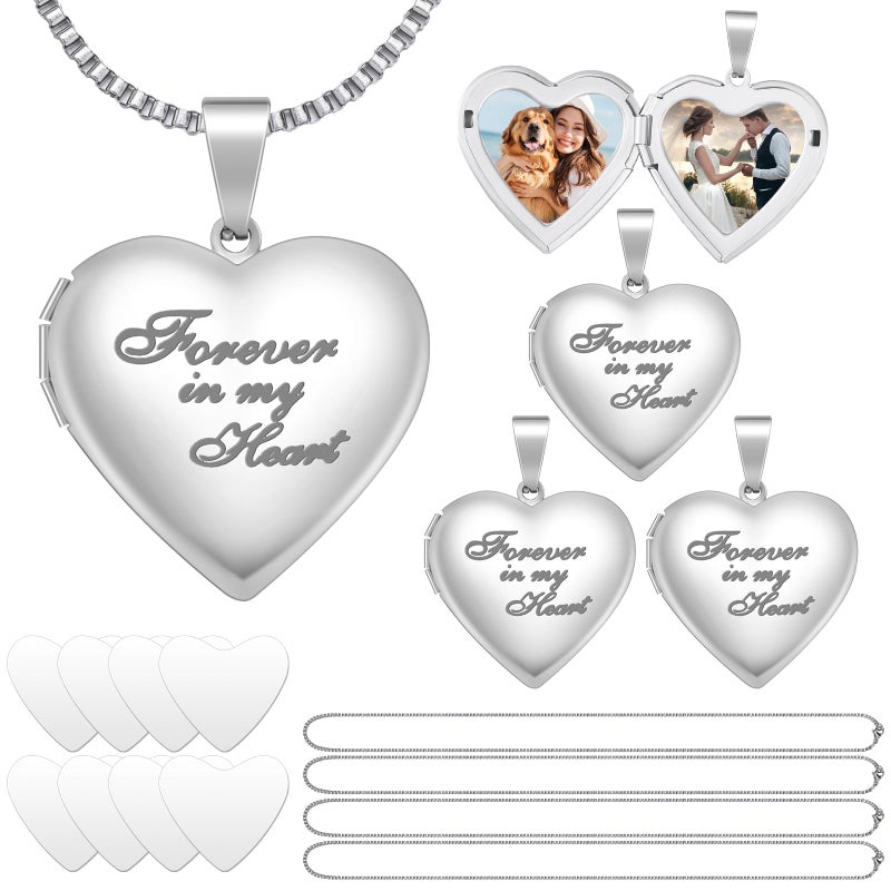 Aurelema 16 Pcs Forever in My Heart Locket Necklace Set Sublimation Pendant Trays Set That Hold Pictures Silver Locket Necklace Bezel Tray Chain Sublimation Discs for Women Mom Valentines Day Gift - Image 1