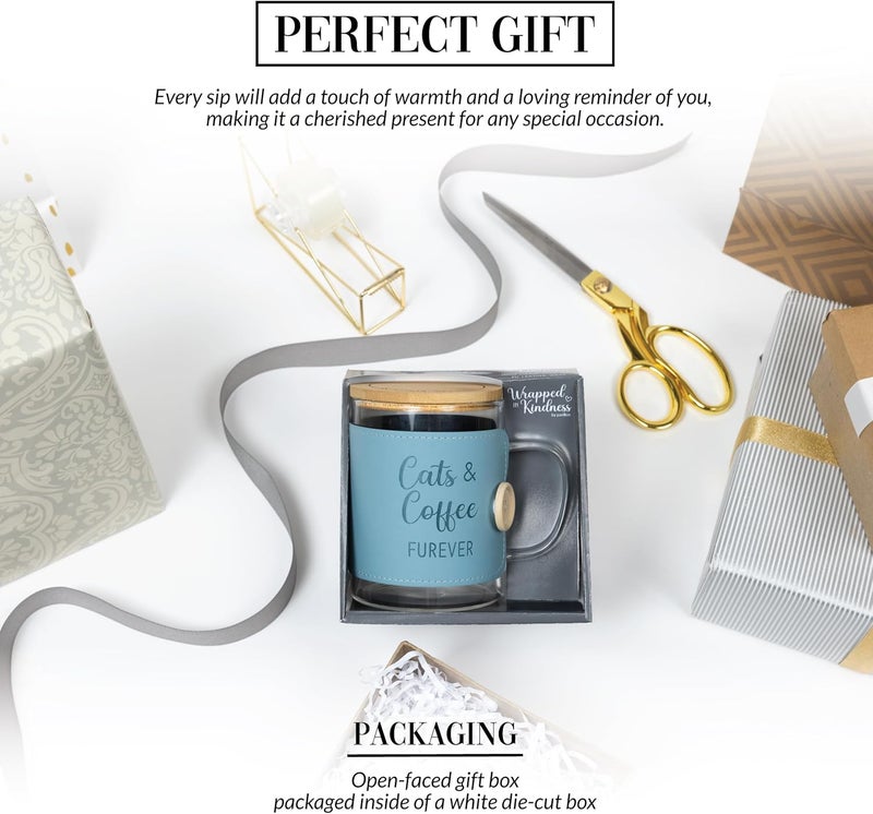Pavilion Gift Company Pavilion Gift Company  Cats  Coffee Furever 16 oz Glass Coffee Cup Mug With Unique Teal Wrap  Bamboo Coaster Cap 3 Piece Present Gift - Image 3