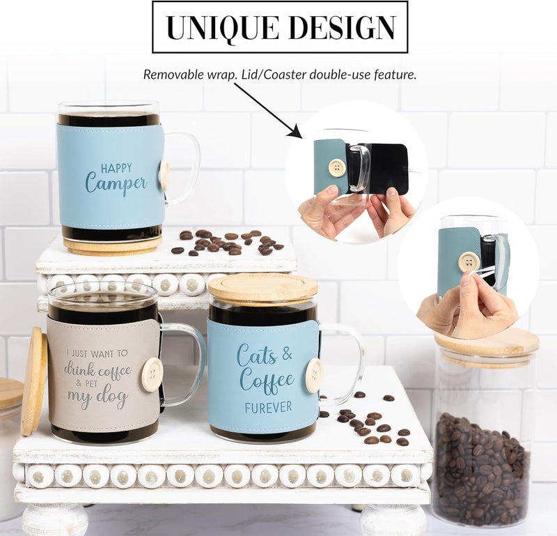 Pavilion Gift Company Pavilion Gift Company  Cats  Coffee Furever 16 oz Glass Coffee Cup Mug With Unique Teal Wrap  Bamboo Coaster Cap 3 Piece Present Gift - Image 4