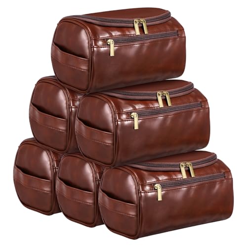 AojSup 6 Pcs Groomsmen Gift Leather Toiletry Bag for Men Travel Shaving Kit Bathroom Bag Make up Cosmetic Proposal Supplies for Wedding Favor Grooming Anniversary Boyfriend Father Brown - Image 1
