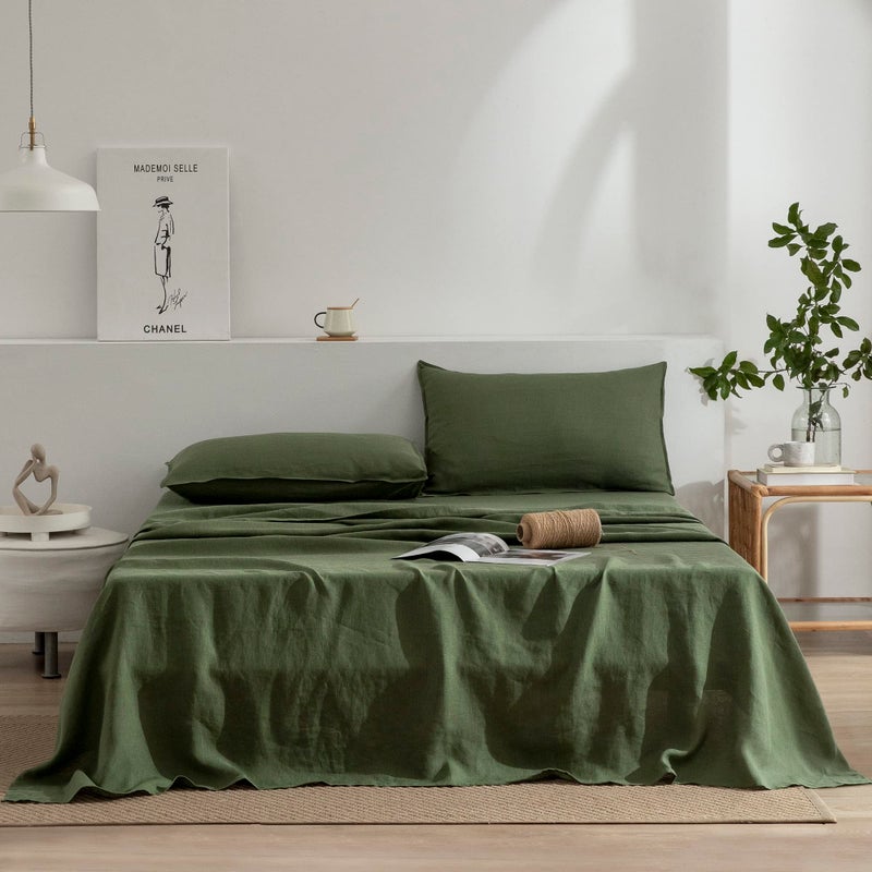 EVERLY Linen Queen Sheets Set  100% Stonewashed French Linen Bed Sheets Deep Pocket Sheets  4 Pieces (1 Flat Sheet  1 Fitted Sheet  2 Pillowcases) Natural Flax Bedding Set-Mossy Green - Image 1