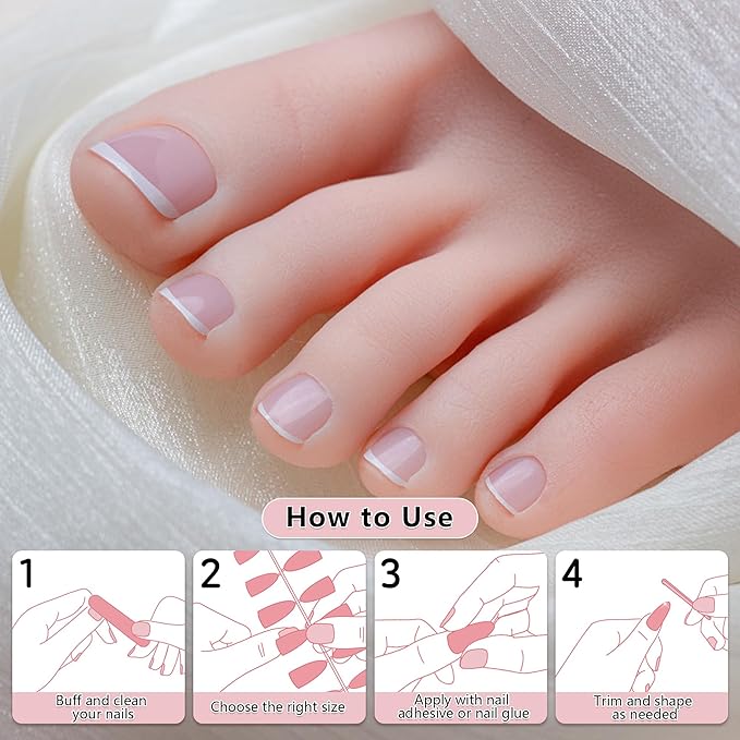 Sun&Beam Nails SunBeam Nails PressOn Toenails 4 Design 4 in 1 Reusable Fake Toenails Tips 96 Pcs French - Image 4
