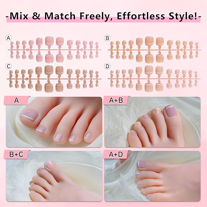 Sun&Beam Nails SunBeam Nails PressOn Toenails 4 Design 4 in 1 Reusable Fake Toenails Tips 96 Pcs French - Image 2