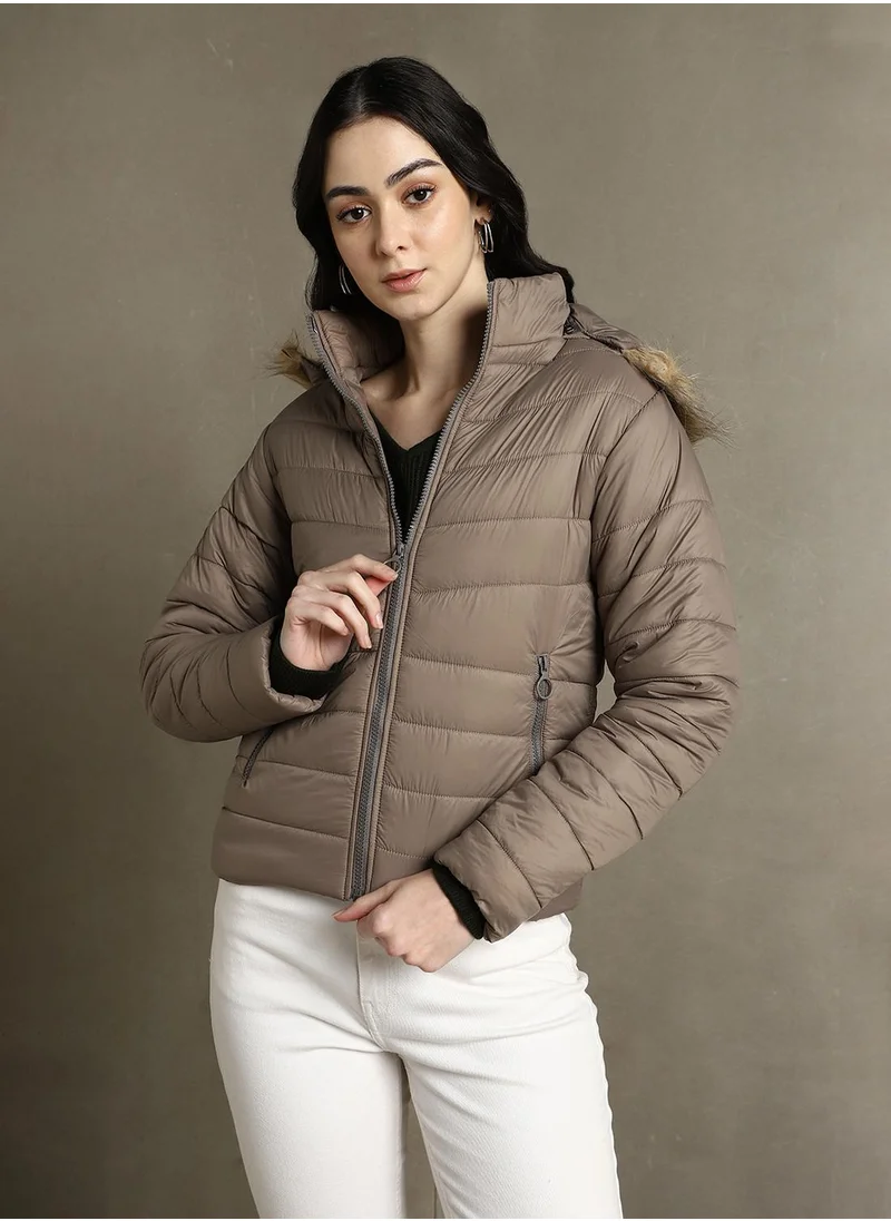 دينيس لينغو Women's Brown 100% Polyester Solid Regular Fit Jacket