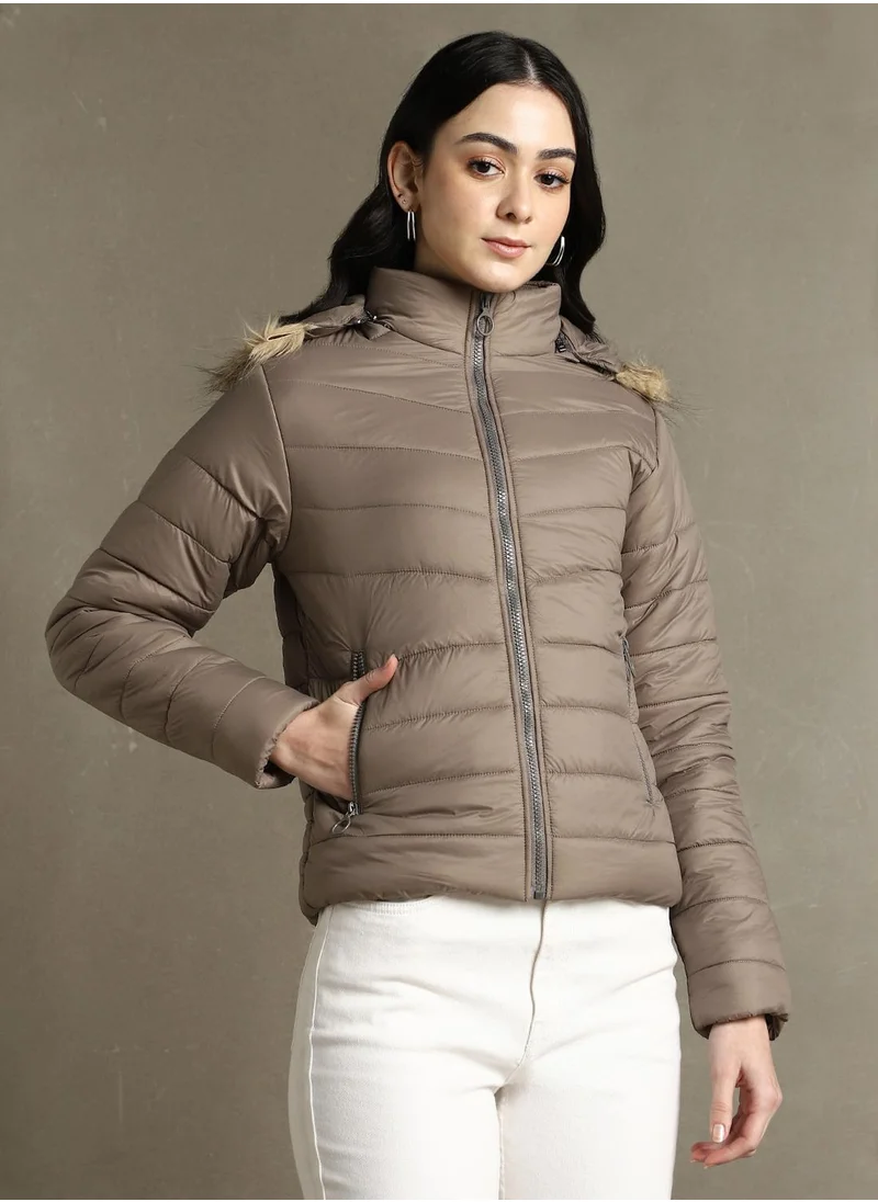 دينيس لينغو Women's Brown 100% Polyester Solid Regular Fit Jacket