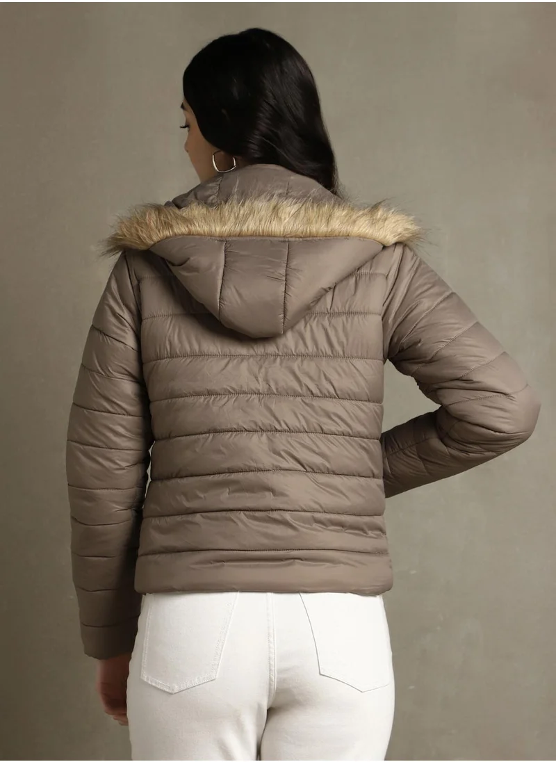 دينيس لينغو Women's Brown 100% Polyester Solid Regular Fit Jacket