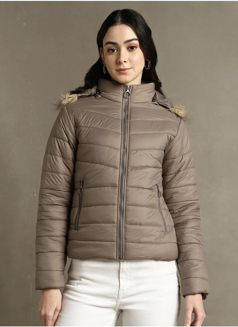 دينيس لينغو Women's Brown 100% Polyester Solid Regular Fit Jacket