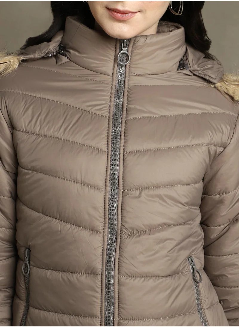 دينيس لينغو Women's Brown 100% Polyester Solid Regular Fit Jacket