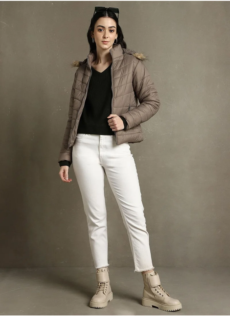 دينيس لينغو Women's Brown 100% Polyester Solid Regular Fit Jacket