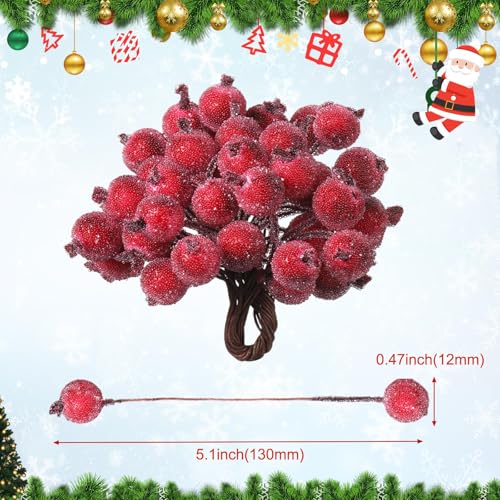 Tatuo 400 Pcs Dark Red Berries Stems 12 mm Artificial Frosted Holly Berries for Christmas Tree Decor Rustic Fake Simulation Mini Berry Fruit for Christmas Wreath DIY Craft Xmas Party Supply - Image 3