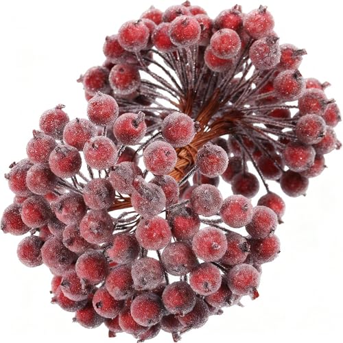 Tatuo 400 Pcs Dark Red Berries Stems 12 mm Artificial Frosted Holly Berries for Christmas Tree Decor Rustic Fake Simulation Mini Berry Fruit for Christmas Wreath DIY Craft Xmas Party Supply - Image 1