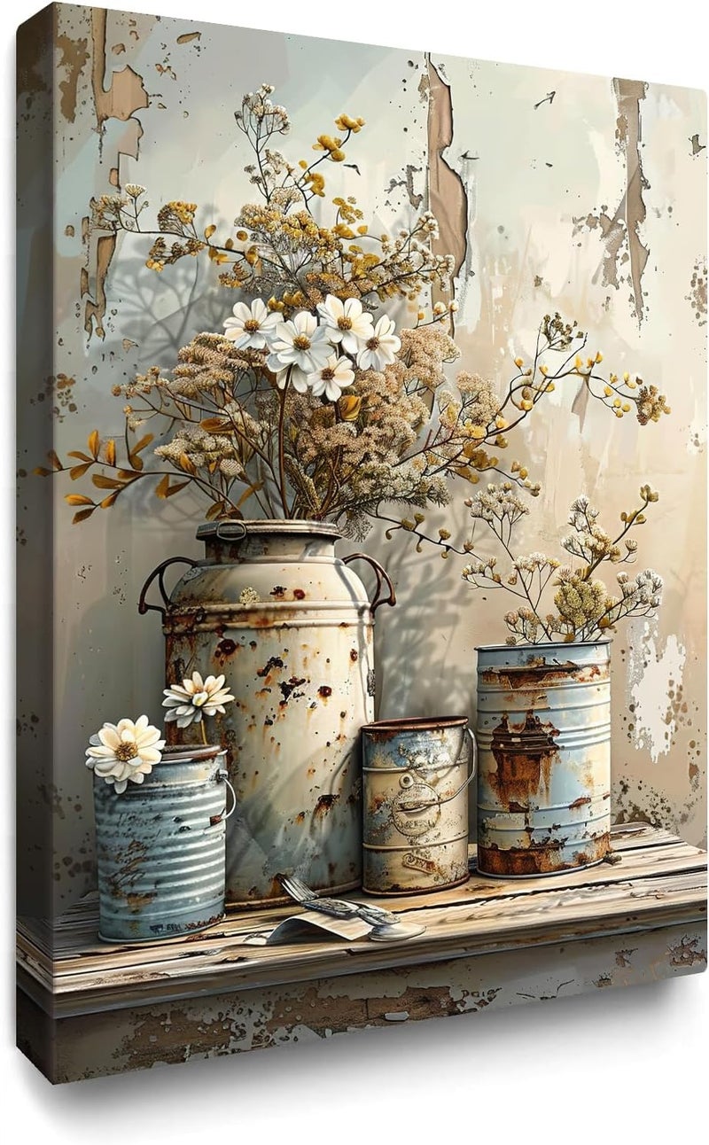 gaosoul Framed Flower Canvas Print Vintage Farmhouse Floral Wall Art Weathered Wood Grain Background Rustic Painting Elegant Home Decor for Living Room Bedroom Ready to Hang 12x16in - Image 1
