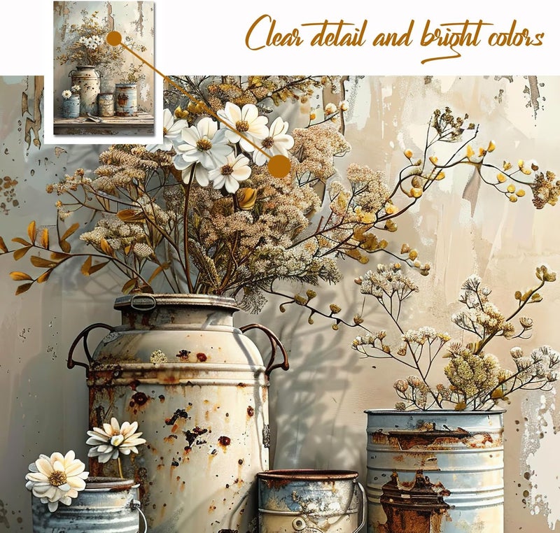 gaosoul Framed Flower Canvas Print Vintage Farmhouse Floral Wall Art Weathered Wood Grain Background Rustic Painting Elegant Home Decor for Living Room Bedroom Ready to Hang 12x16in - Image 3