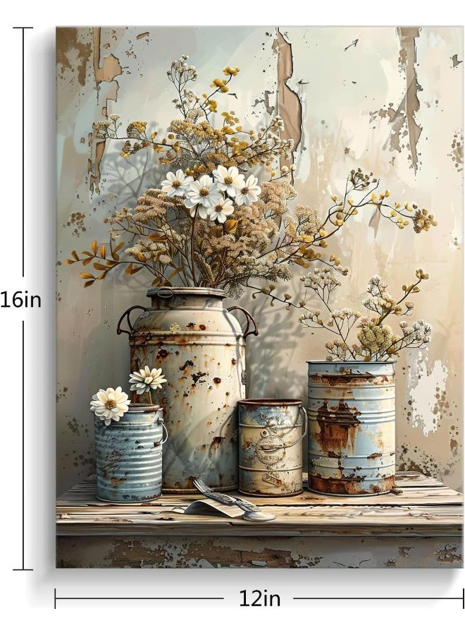 gaosoul Framed Flower Canvas Print Vintage Farmhouse Floral Wall Art Weathered Wood Grain Background Rustic Painting Elegant Home Decor for Living Room Bedroom Ready to Hang 12x16in - Image 2