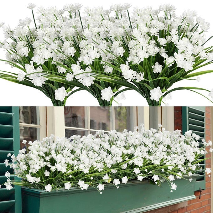 8 BUNDLES ARTIFICIAL FLOWERS FAKE ARTIFICIAL GREENERY UV RESISTANT NO FADE FAUX PLASTIC PLANTS FOR WEDDING BRIDLE BOUQUET INDOOR OUTDOOR HOME GARDEN KITCHEN OFFICE TABLE VASE WHITE
