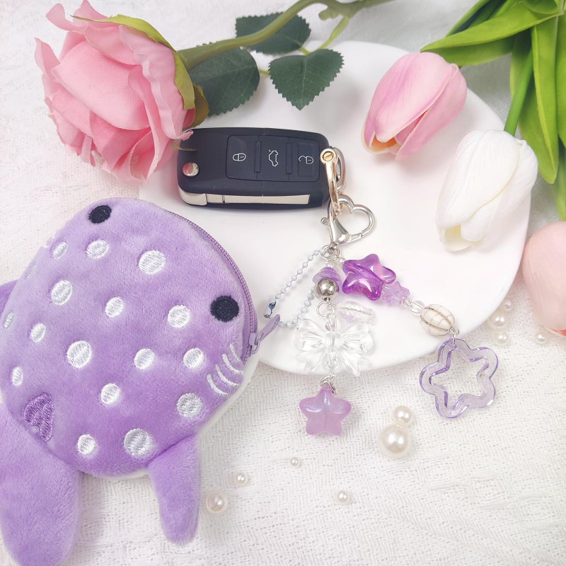 Nalefow Cute Keychain Whale Shark Coin Purse Keychain Cute Plush Zipper Change Pouch, Kawaii Handmade Wallet for Women (Purple) - Image 3